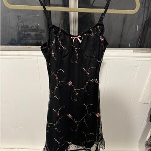 Cider Black Mini Dress with Pink Floral Accents